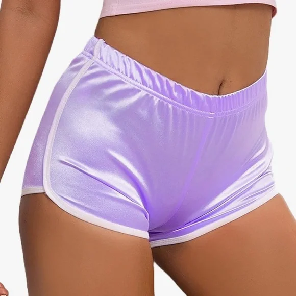 Women's Lavender Satin sports Shorts sexy booty rave bottoms workout gym stripe